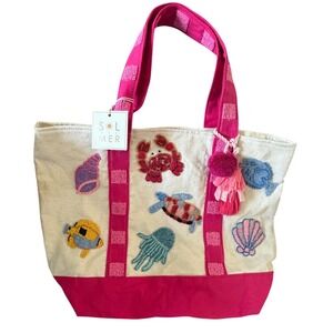 SOL MER Handcrafted Canvas Beaded Sea life Turtle Tote Bag Pink Base Large NWT